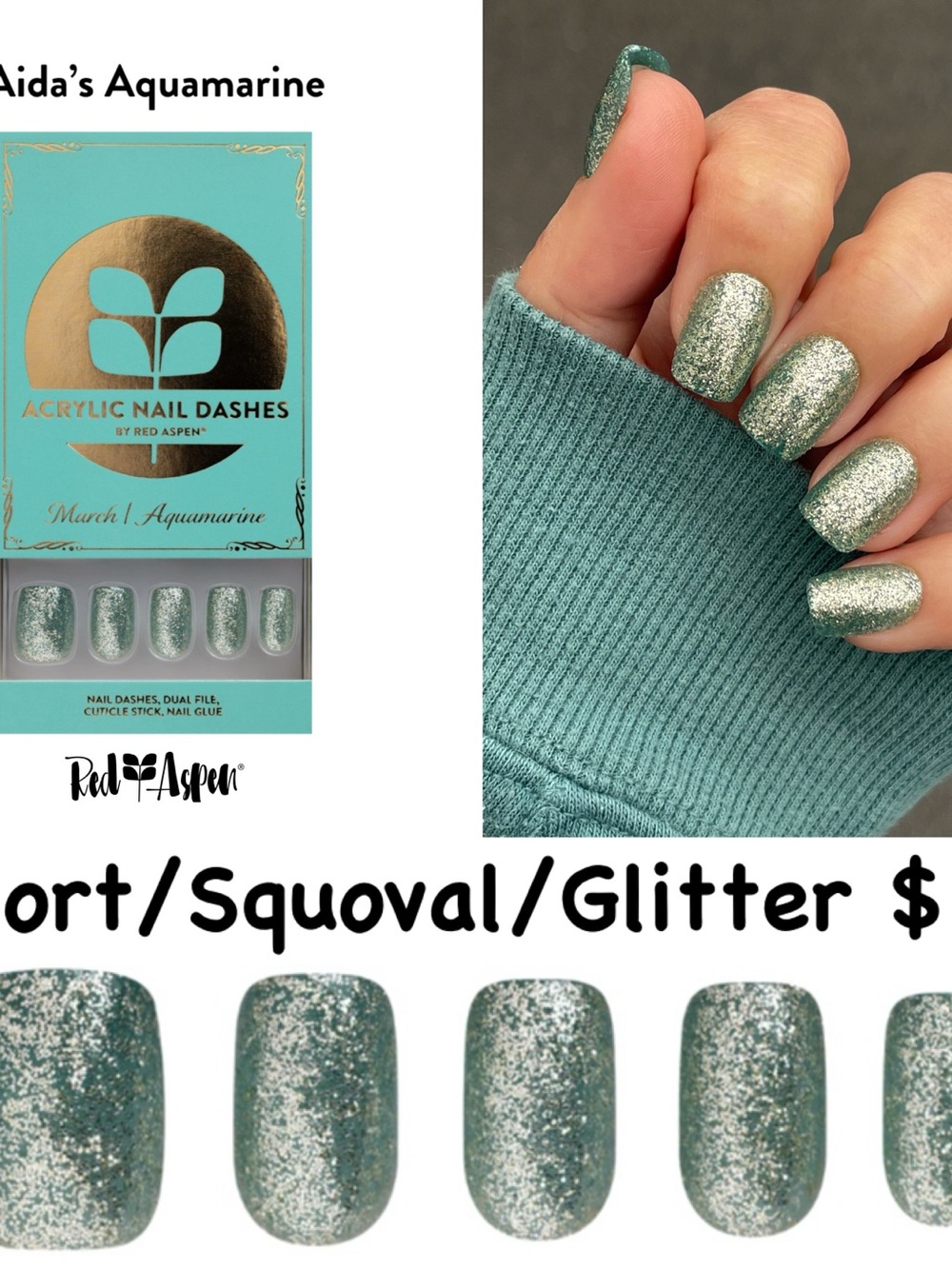 Red Aspen Aida's Aquamarine Glitter Acrylic Nail Dashes